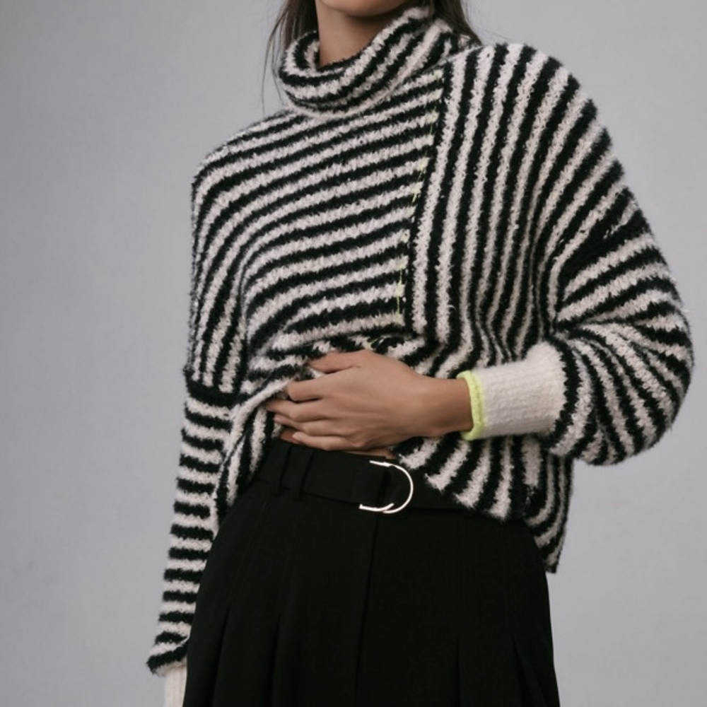 PILCRO Black and White Striped Turtleneck Sweater - Size XS